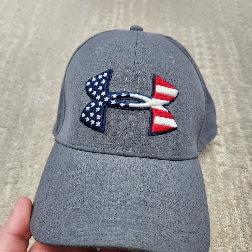 Under Armour Mens Pro Fit American Flag Logo Hat Gray Stretch Fit L/XL iso chill